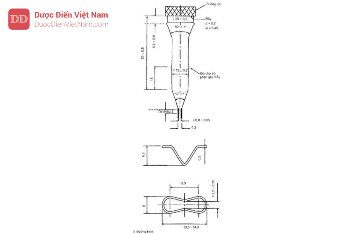 Hình 11.4.4. - Thiết bị thử độ hòa tan kiểu 3, loại buồng nhỏ (phía trên), bộ phận giữ mẫu thử (phía dưới) (kích thước tình bằng mm)