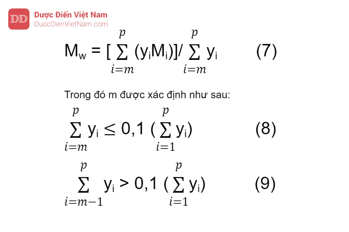 Công thức tính Mw đối với dextran phân đoạn thấp 10 % rửa giải trong và sau phần thứ m