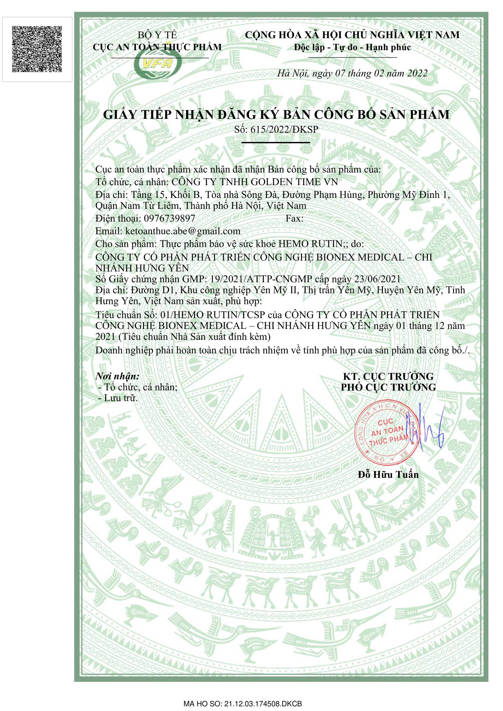 Hemo Rutin đã được cấp giấy đăng ký