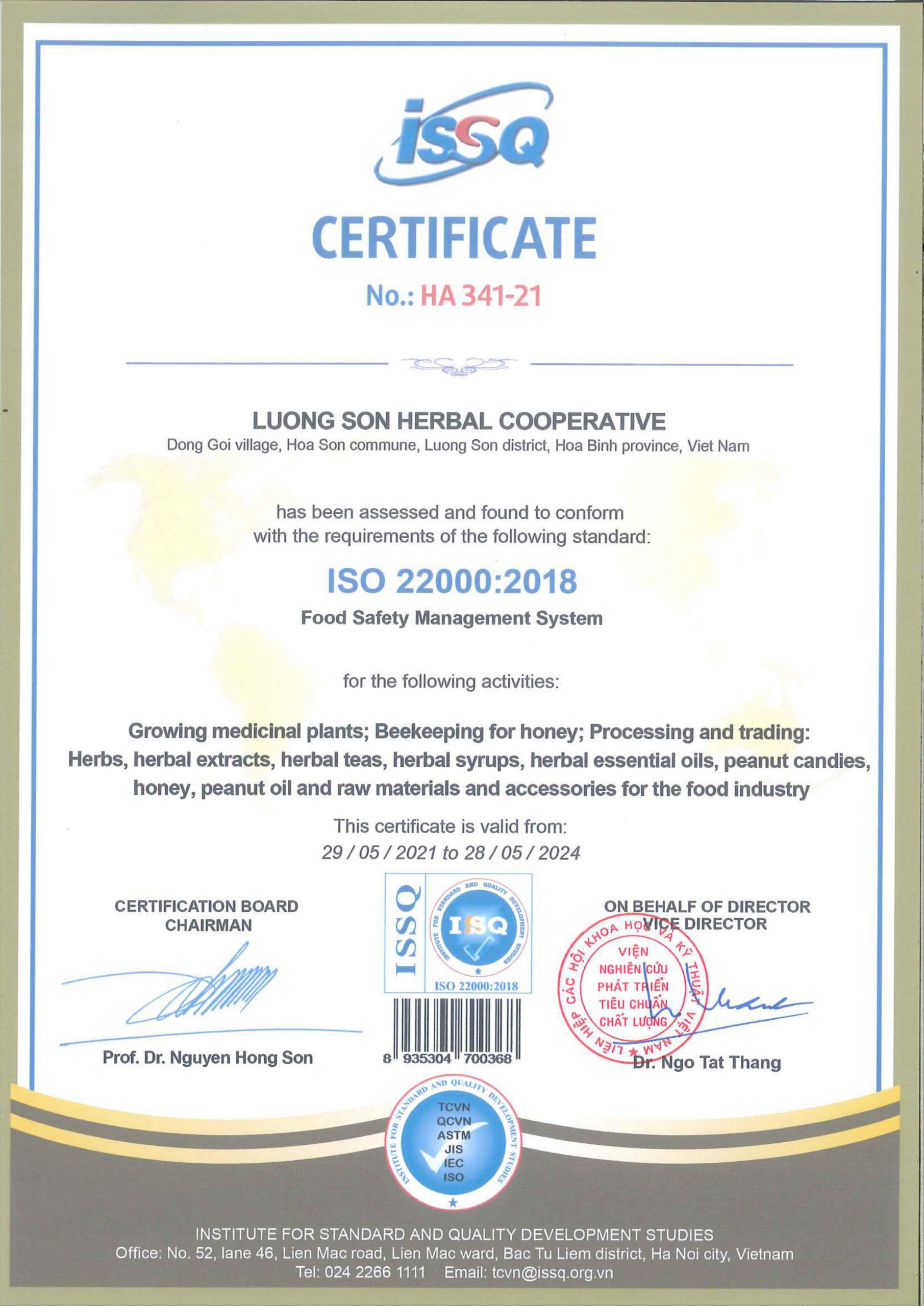 Chứng nhận HTX Dược liệu Lương Sơn đạt tiêu chuẩn ISO 22000:2018