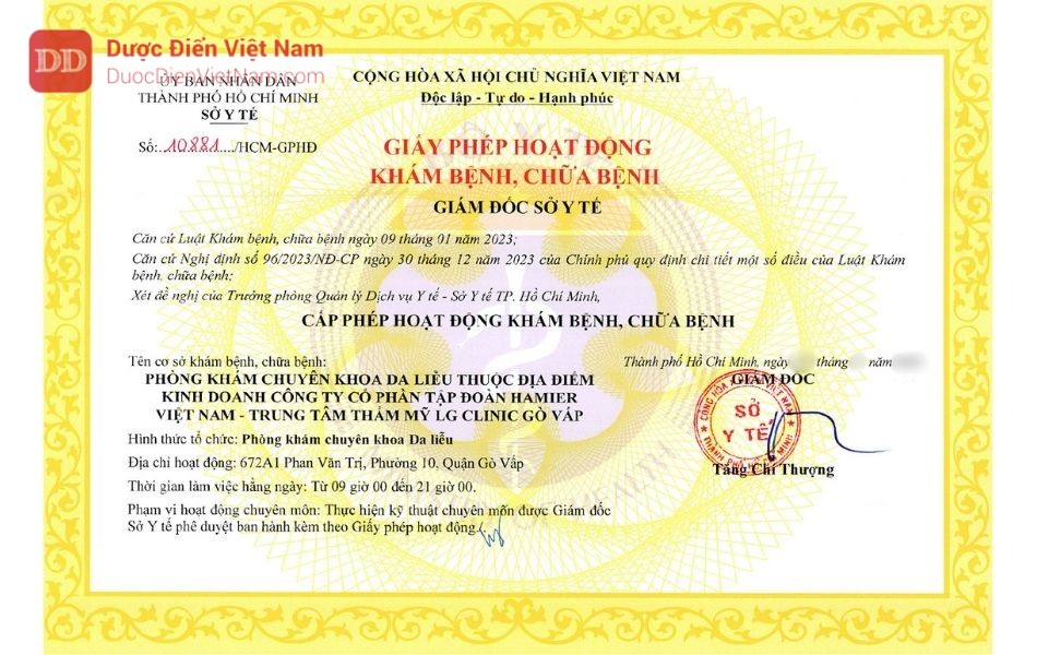 LG Clinic đã được Sở Y tế TP.HCM cấp phép cho hoạt động khám và điều trị chuyên khoa Da liễu