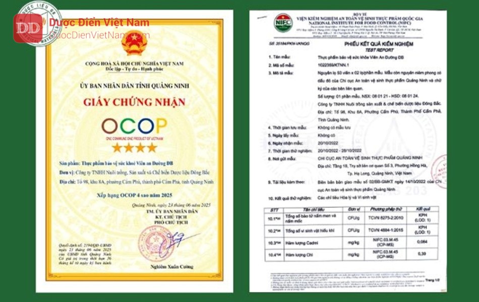 Phiếu kiểm nghiệm và giấy chứng nhận ocop của Viên an Đường